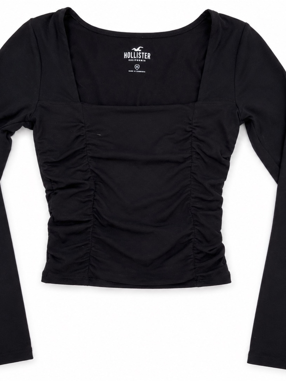 Hollister Black Long-Sleeve Ruched Square-Neck Top